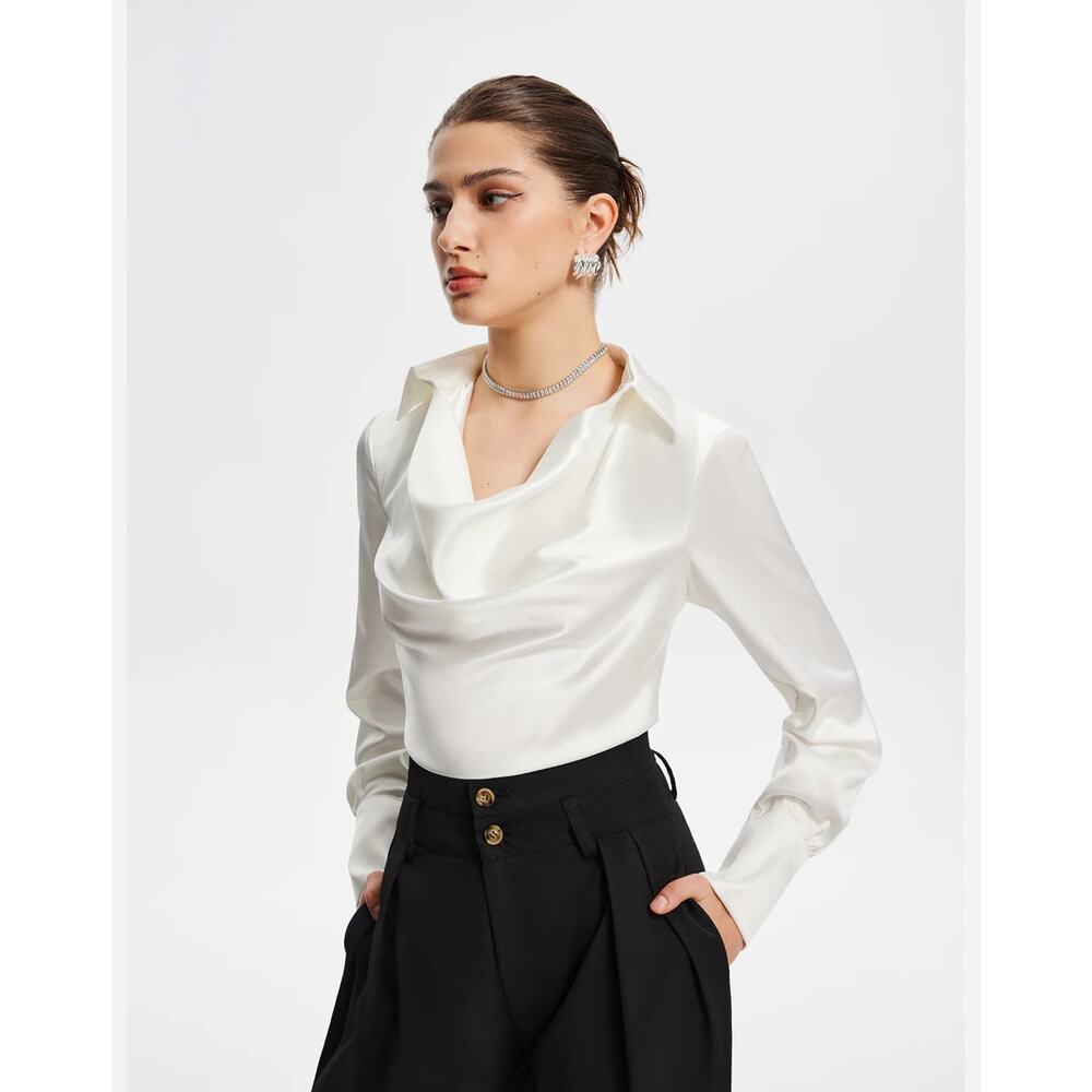 Commense Ivory Satin Draped Cowl Neck Blouse
